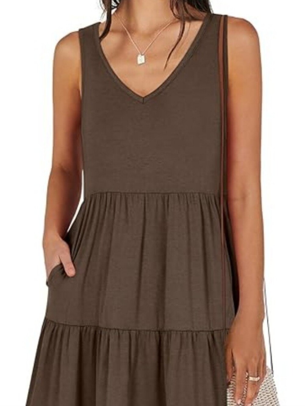 Brown V-Neck Tiered Midi Dress